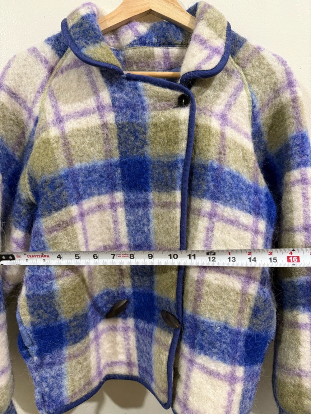 forte_forte Plaid Wool-Blend Pea Coat in Blue, Olive & Cream - Picture 10 of 11